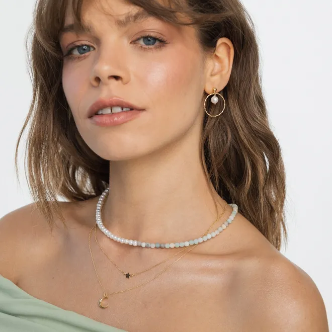 CHOKER Z PEREŁ I AMAZONITU; SREBRNY POZŁACANY